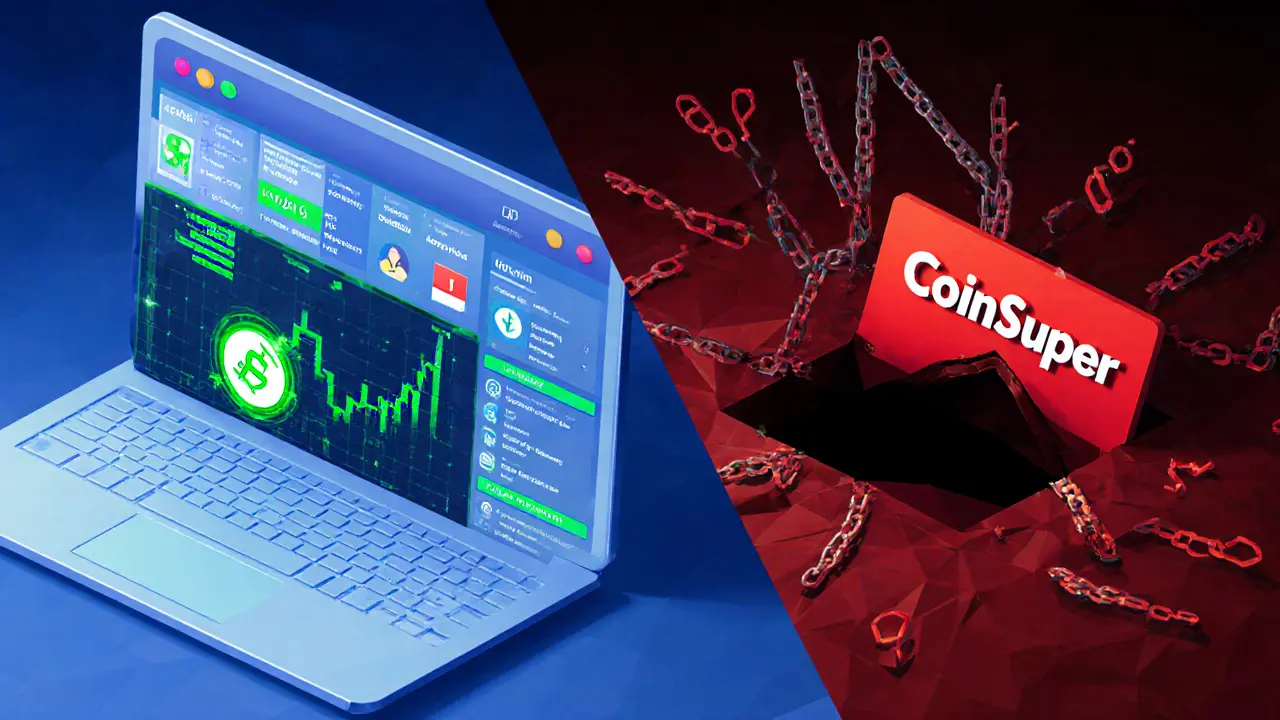 Split view of a trusted exchange vs. corrupted Coinsuper platform in low poly digital art.