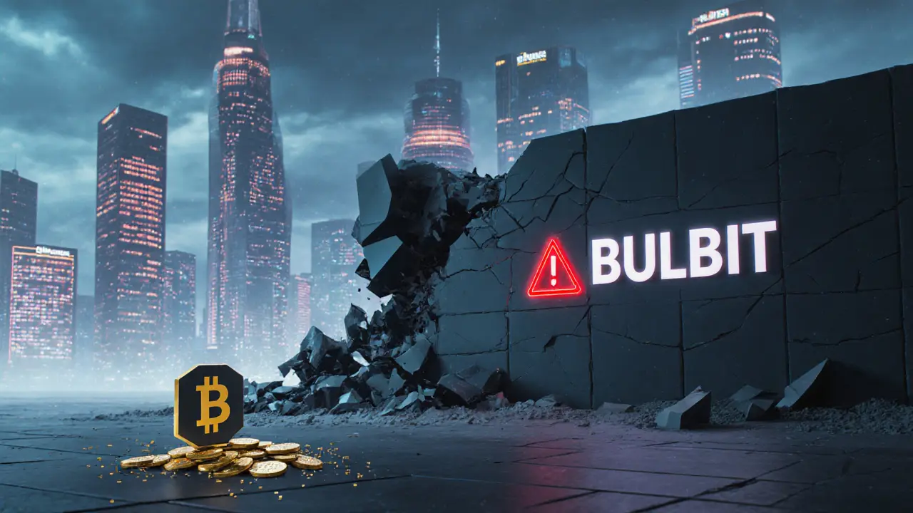 A lone wallet dissolving BULEI tokens as major exchanges crumble in the distance.