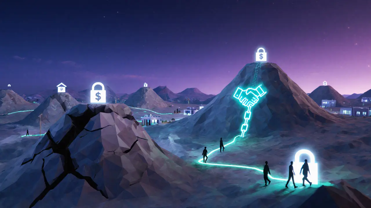 Abstract low-poly landscape with glowing blockchain properties and fading paper records, symbolizing global ownership transition