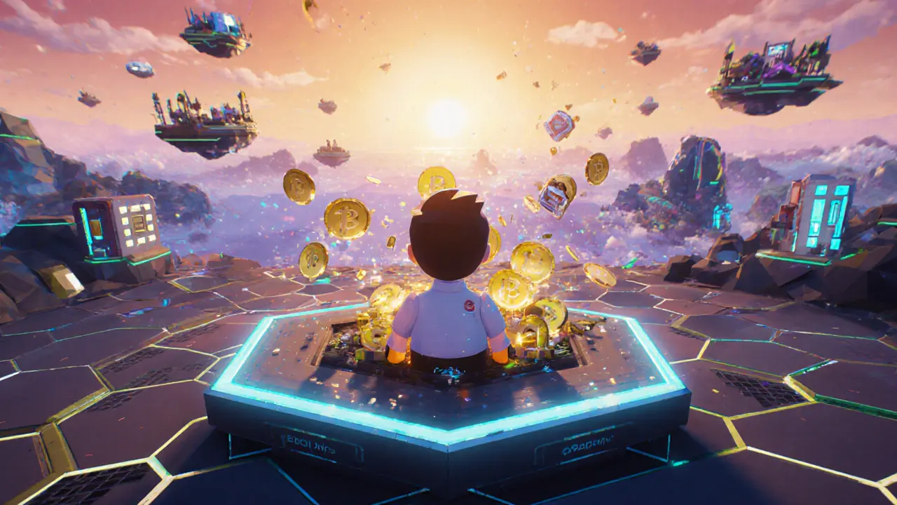 Avatar stakes ECIO tokens in a glowing low‑poly virtual world.