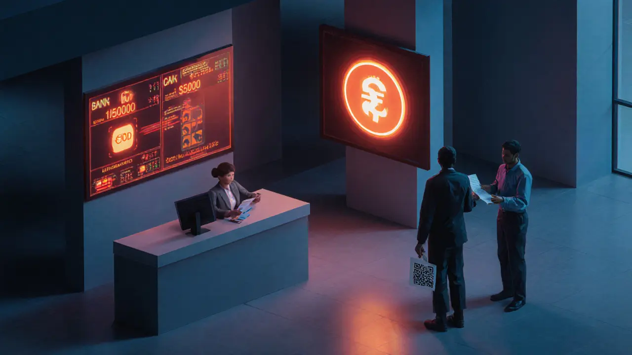 Bank lobby monitoring crypto transactions with a shadowy vendor handing a receipt.