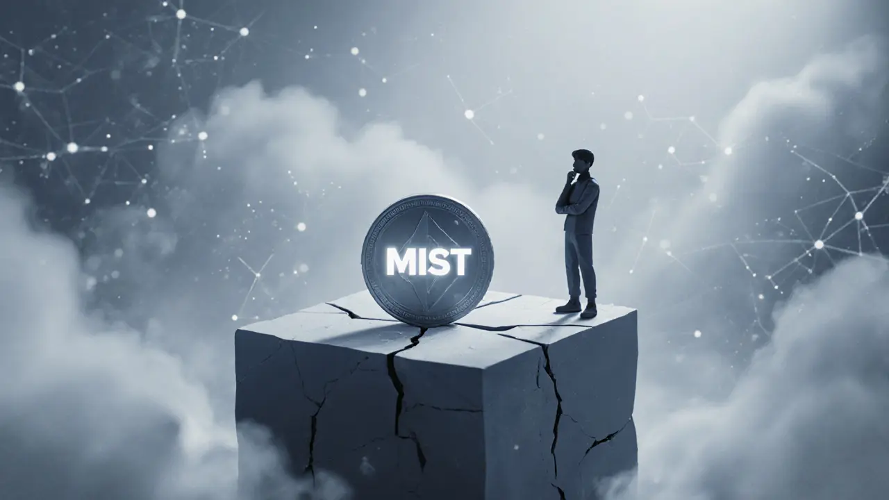 Cracked pedestal holding a dim MIST coin with a distant avatar observing it.