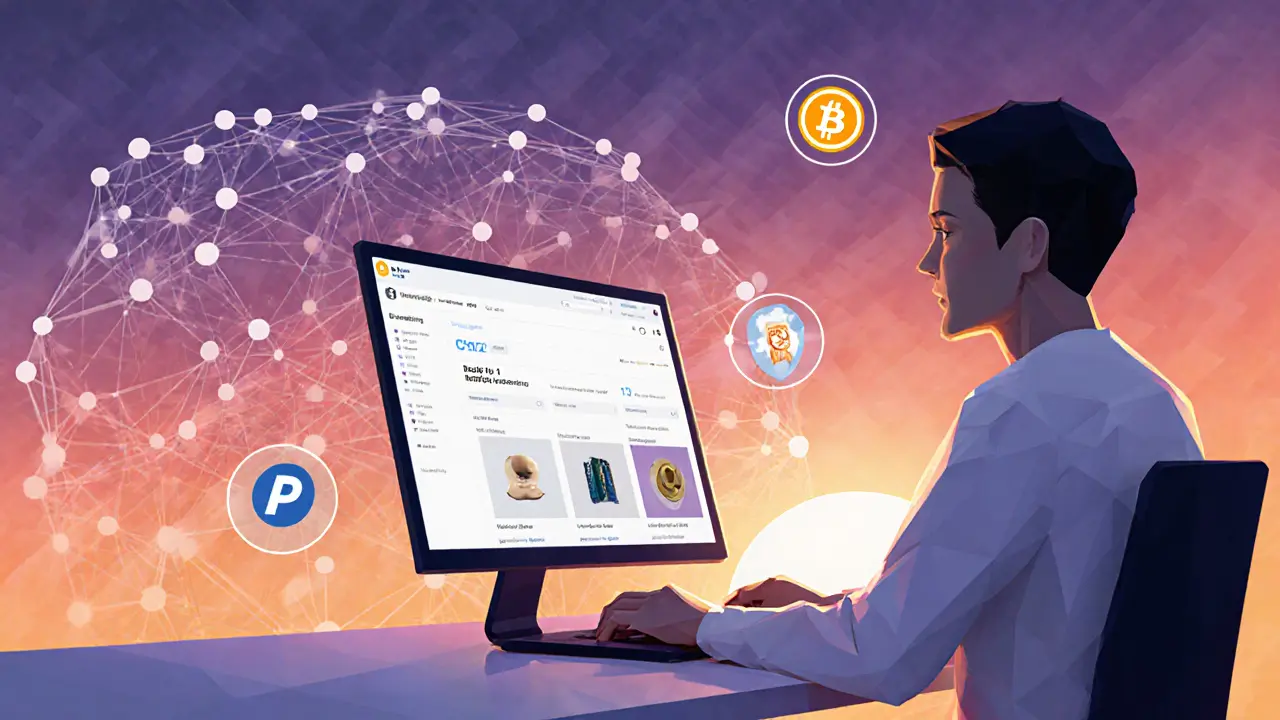 Creator at desk monitoring low‑poly IPFS nodes and pinned NFT data.