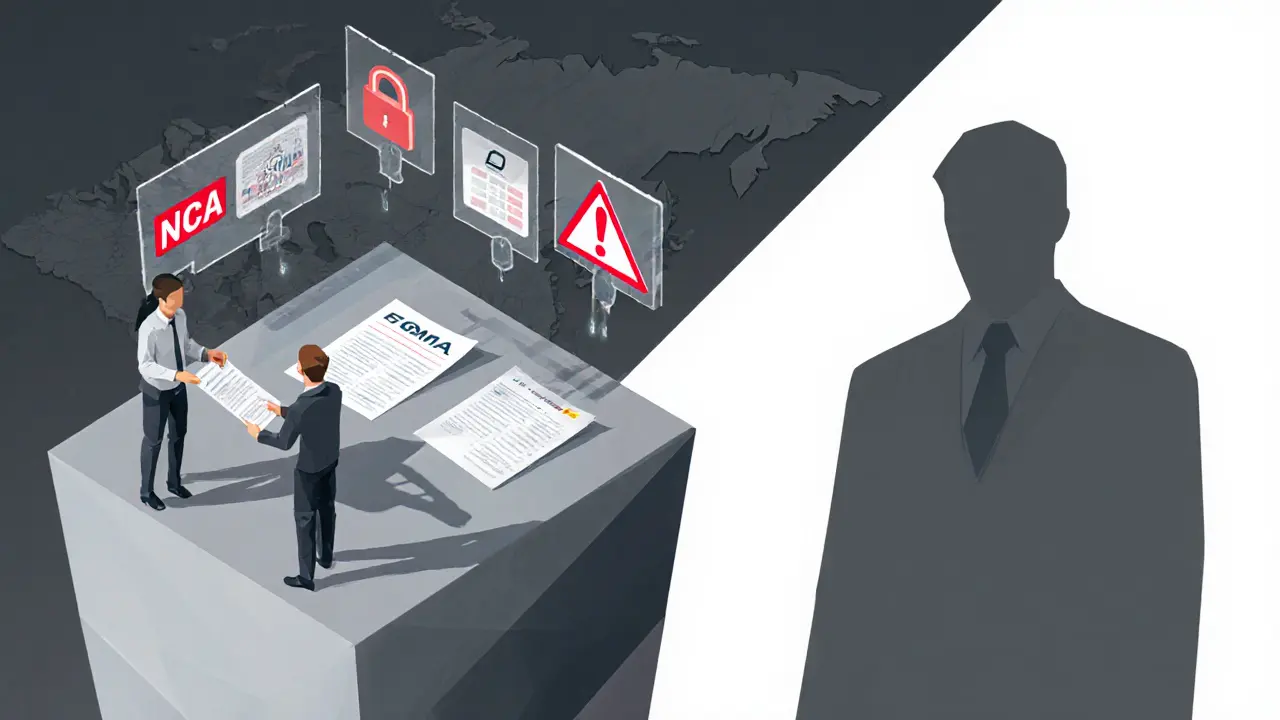 Crypto compliance team submitting documents to an NCA building while ESMA looms above in geometric style.