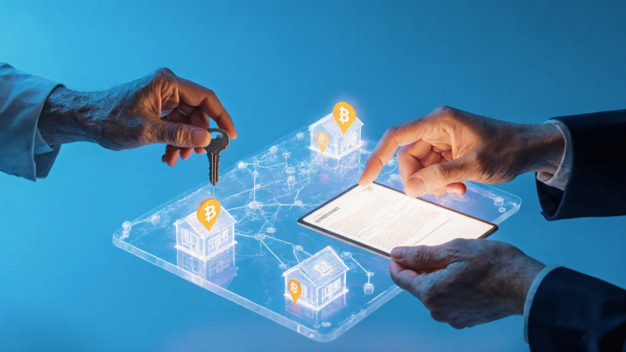 Elderly and young hands reaching toward a 3D digital property map with smart contract lines and tokenized shares