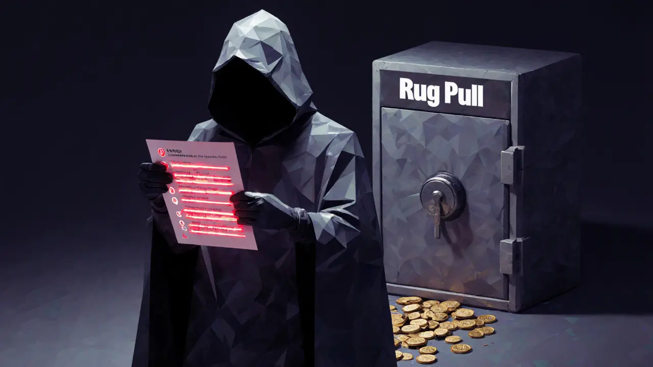 Faceless figure holding a contract with red warning permissions near a vault
