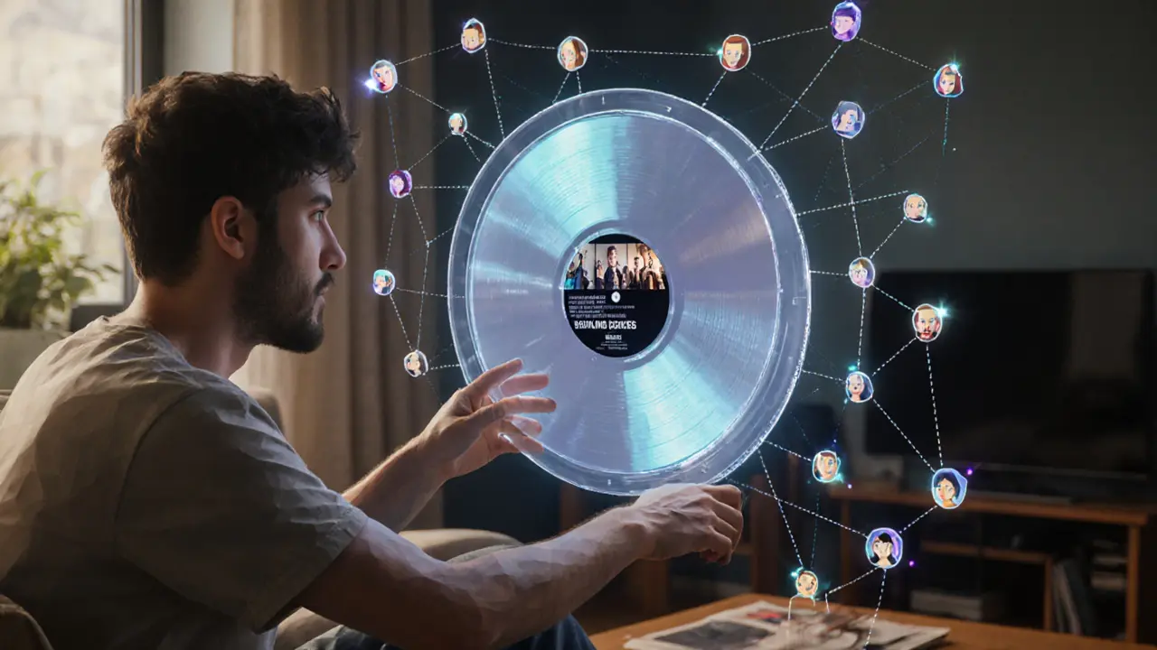 Fan interacting with a floating NFT vinyl that reveals exclusive music content in a cozy room.