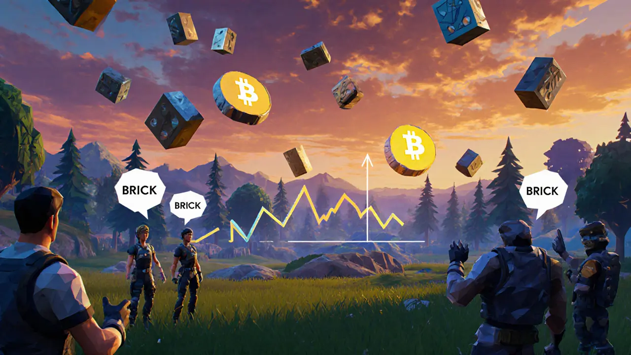 Fortnite arena with floating brick tokens and gamers discussing the token amid a subtle price chart.