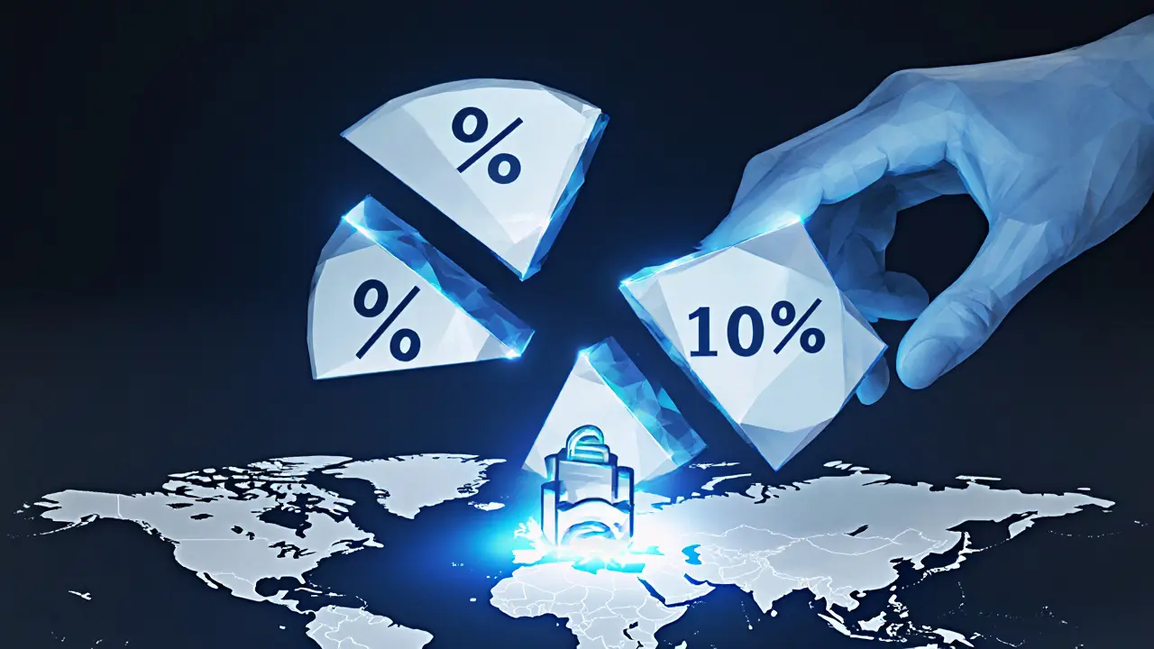 Fractional song ownership shards floating above global streaming platforms with royalty flows.