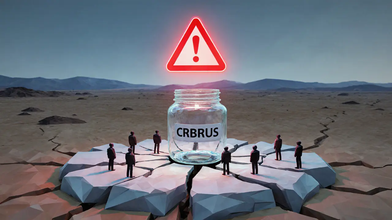 Fragile low‑poly glass jar labeled CRBRUS on cracked platform with warning triangle.