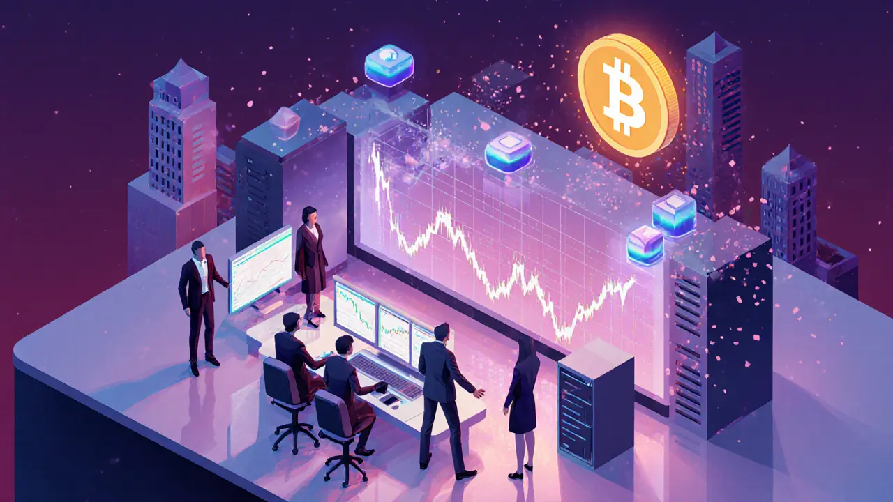 Futuristic low poly trading desk with holographic volume data and a rising new token.