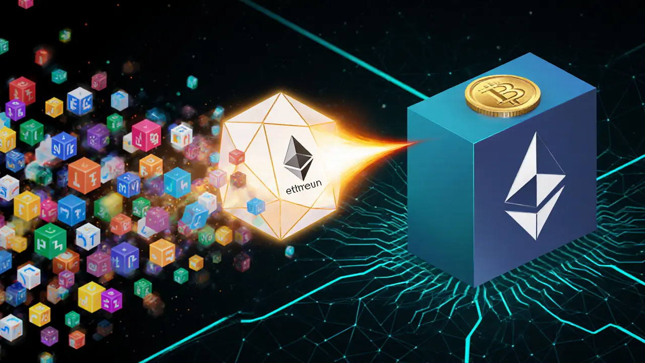 Low‑poly animation of many trade icons merging into a zkRollup proof block on Ethereum.