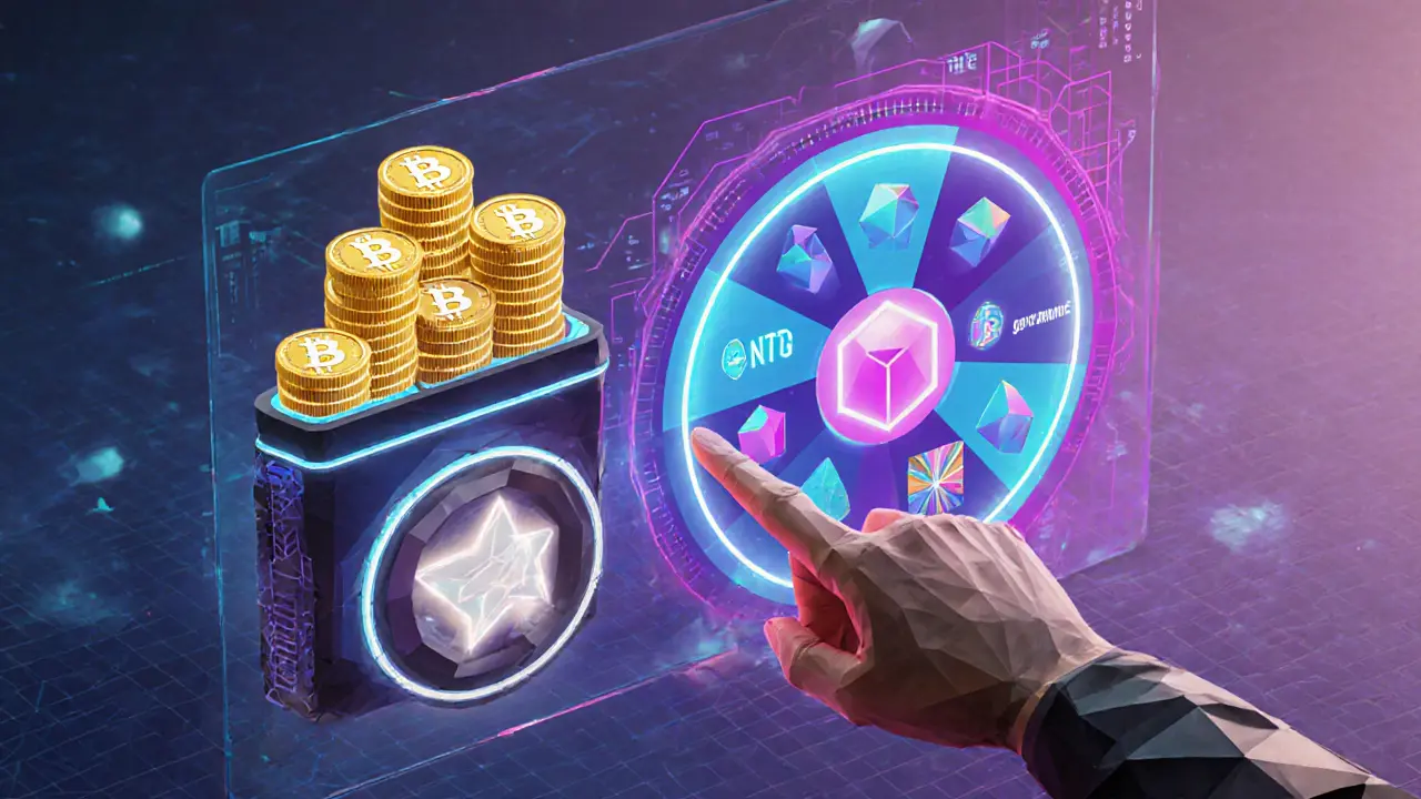 Low poly avatar interacting with staking, governance, and NFT panels in a futuristic UI.