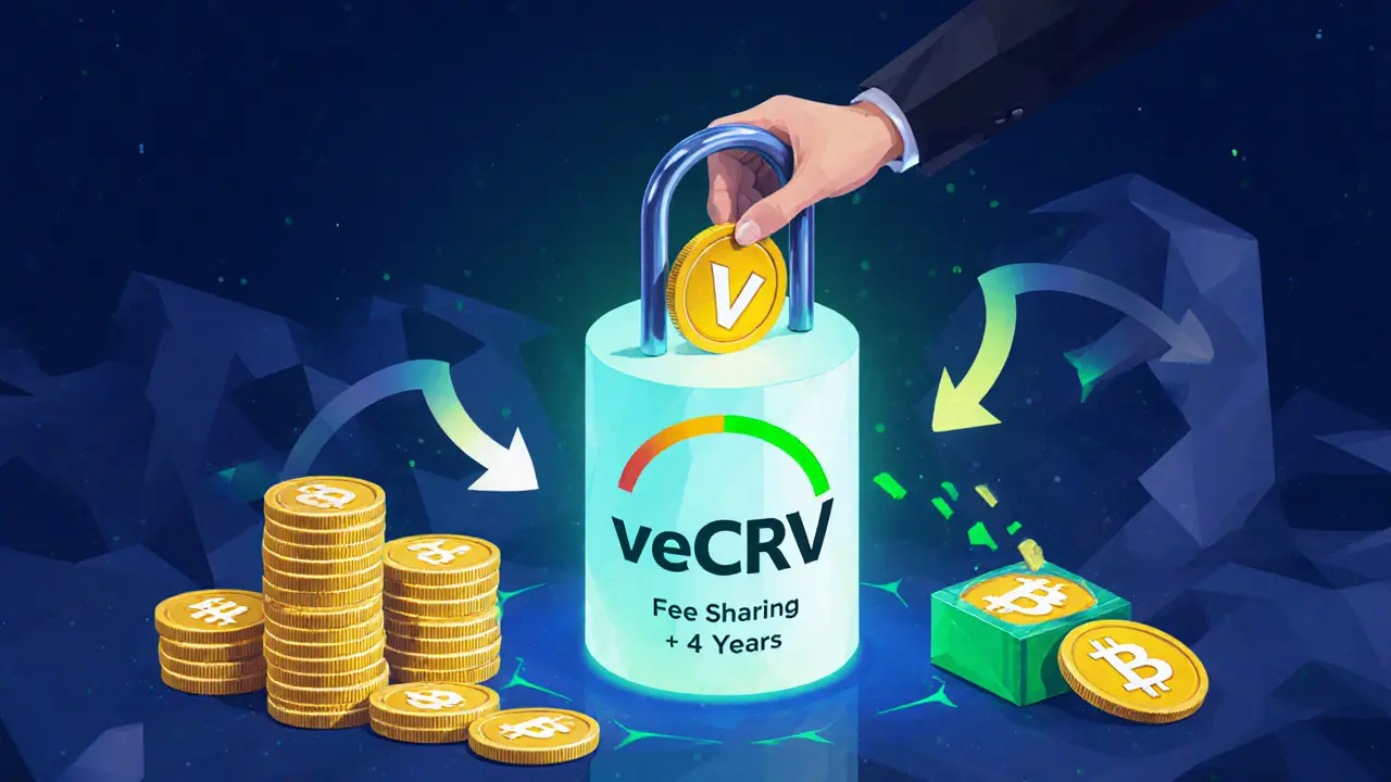 Low‑poly avatar locking CRV into veCRV, showing fee sharing from stablecoin pools.