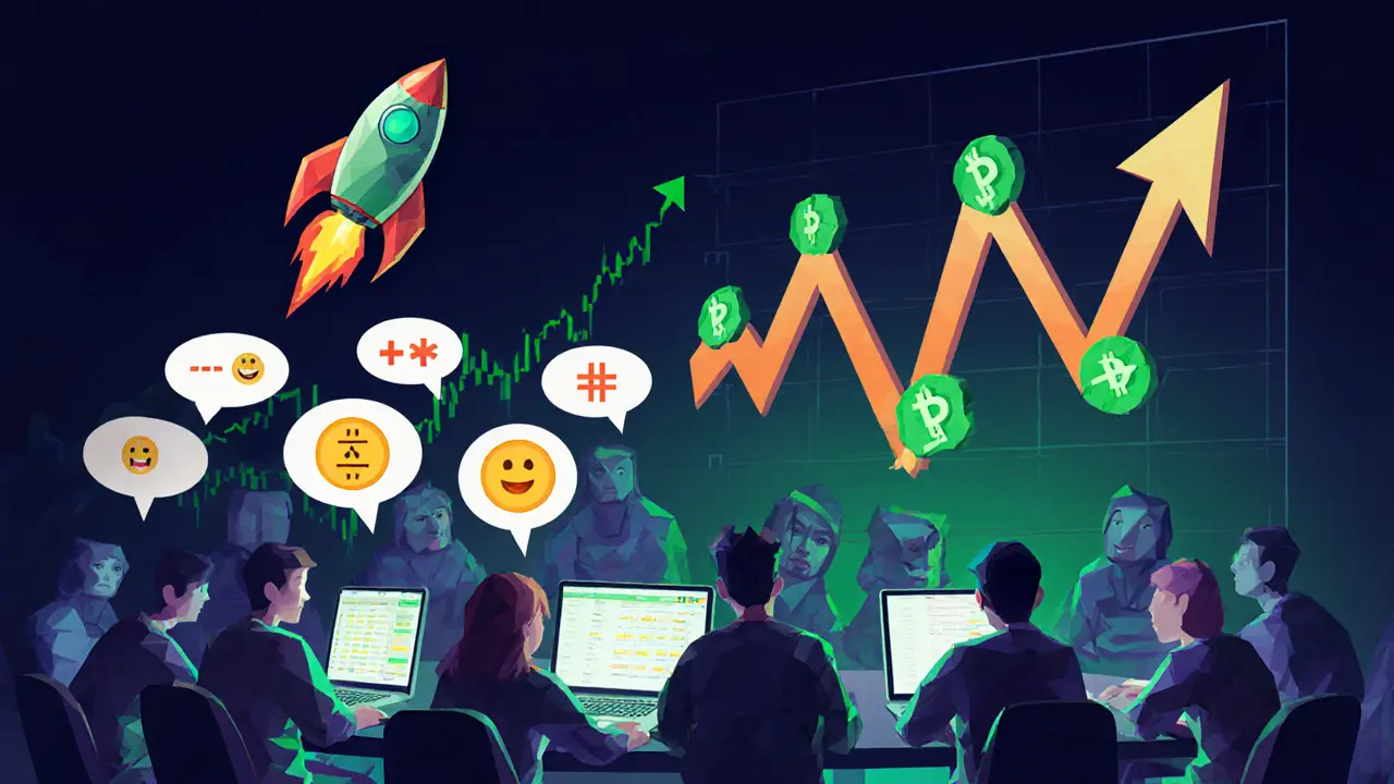 Low poly avatars in a chat room with a rocket‑then‑crash price chart and wash‑trade symbols.