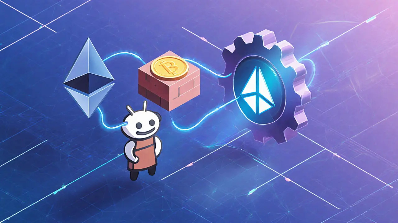 Low‑poly blockchain scene of a Reddit vault passing a brick token through Ethereum and Arbitrum symbols.