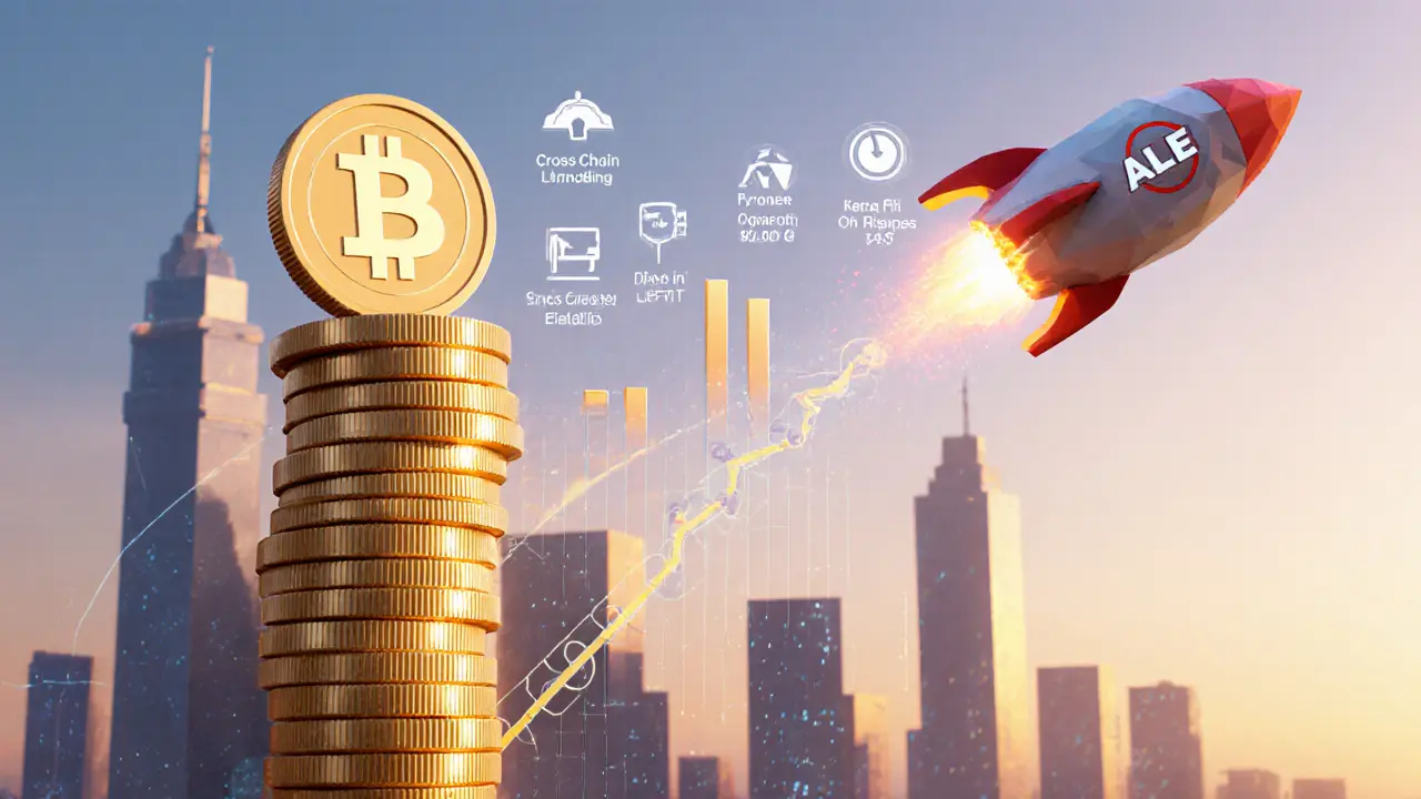 Low poly city with ALE token skyscrapers, a rocket, and roadmap icons showing future growth.