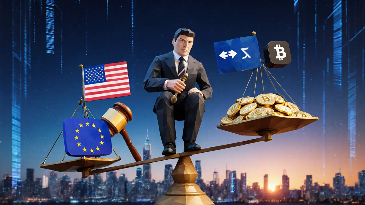 Low poly courtroom scale balancing regulator figure against crypto tokens and exchanges.