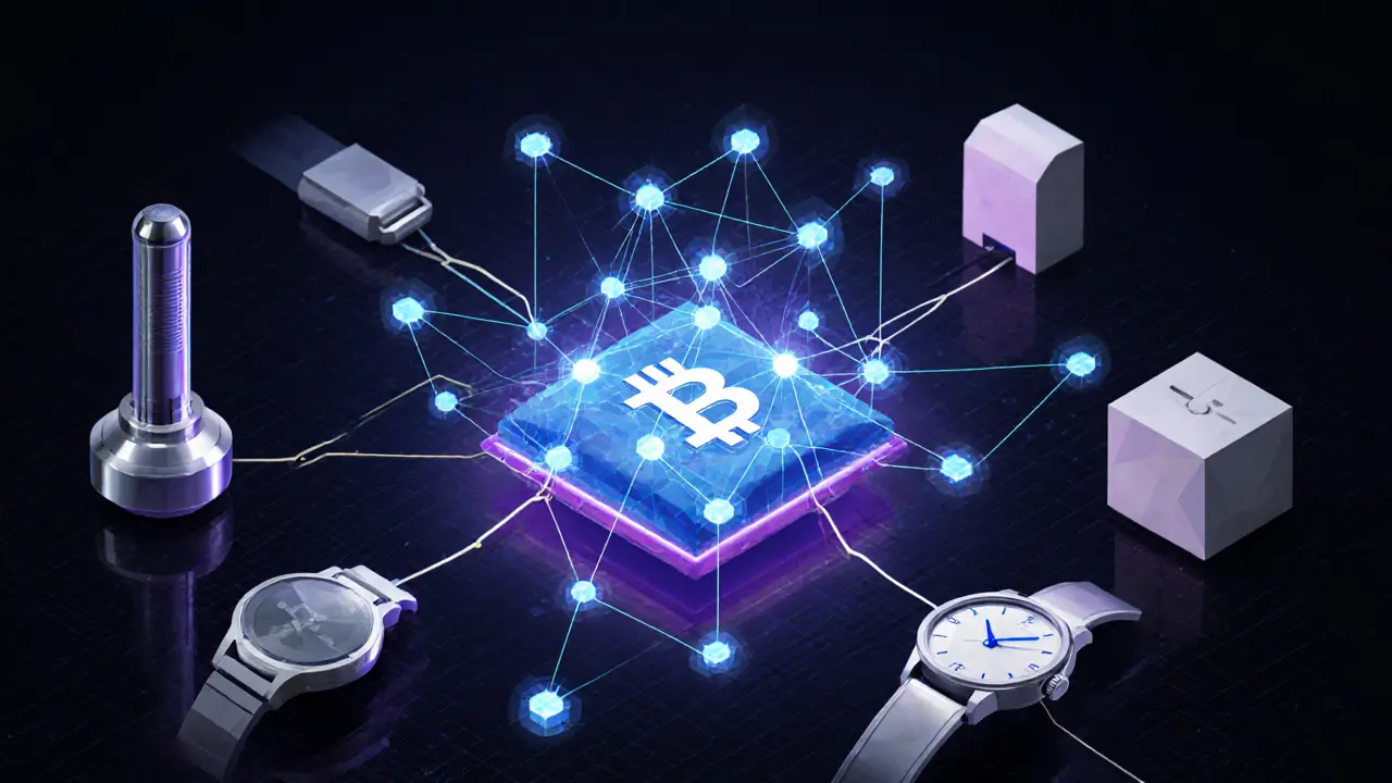 Low poly futuristic hub showing blockchain nodes, IoT sensor, watch and pharma box.