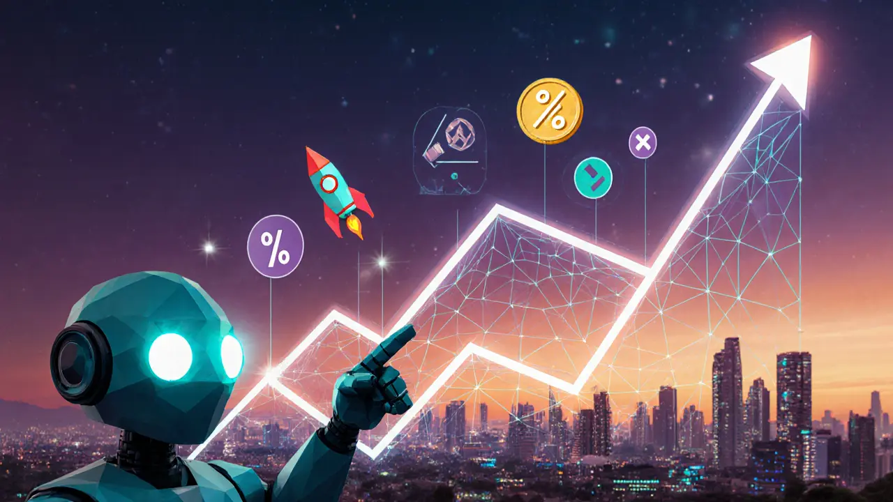 Low‑poly futuristic roadmap with a robot advisor, rising graph, and icons for staking and features.