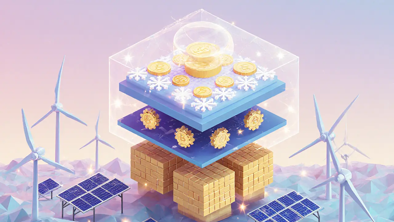 Low‑poly hybrid blockchain over renewable energy landscape with quantum shield.