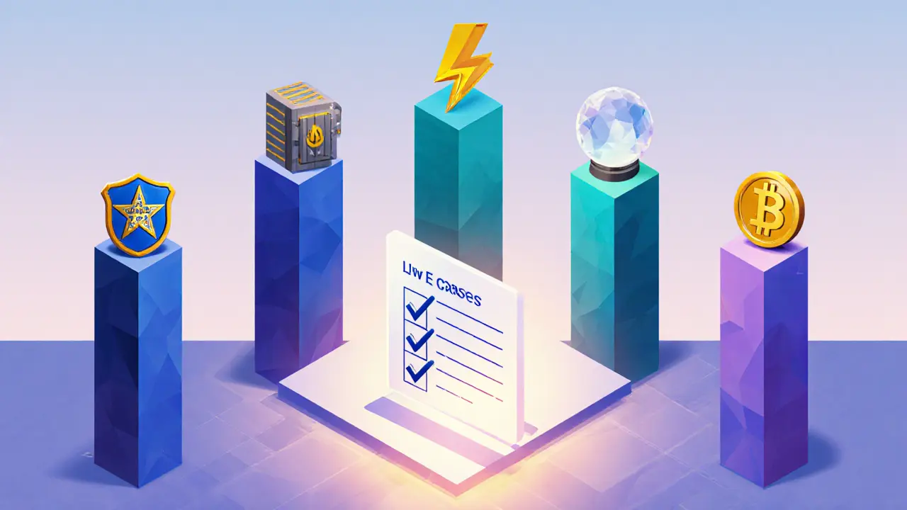 Low‑poly icons for law enforcement, exchanges, DeFi, predictive alerts, and privacy coins in a checklist layout.