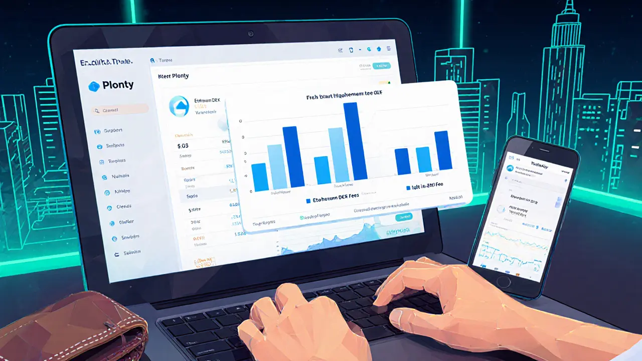 Low poly illustration of a user using Temple wallet on laptop and phone, fee comparison chart visible.