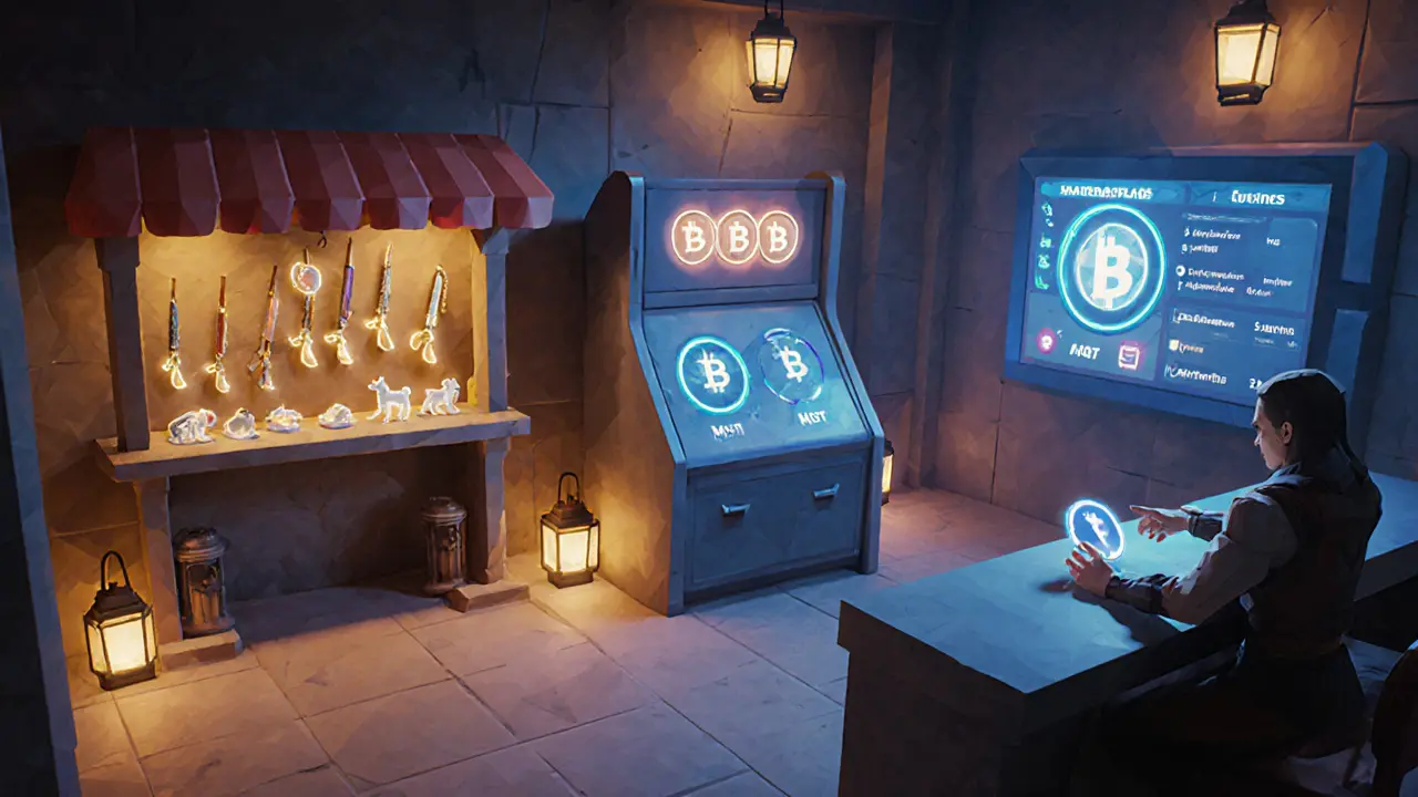 Low‑poly marketplace showing NFT items, staking console, and token purchase scene.