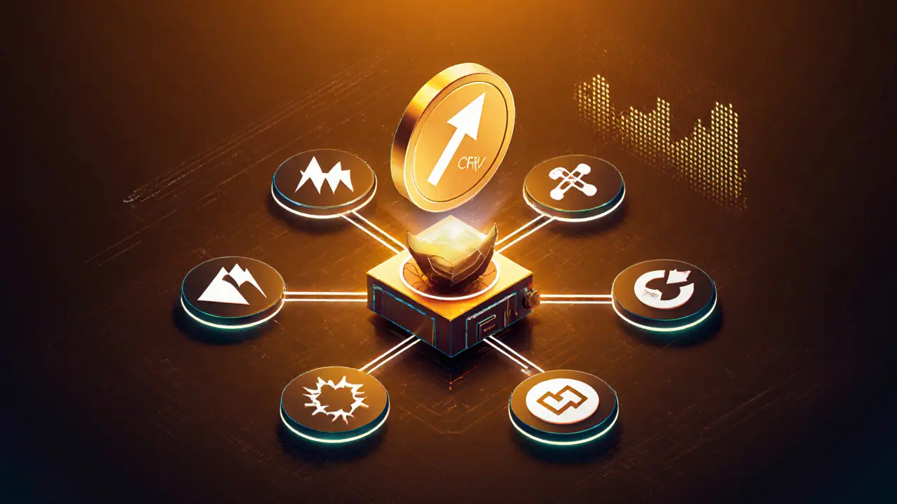Low‑poly network icons linked to Curve hub with rising CRV token and partnership symbols.