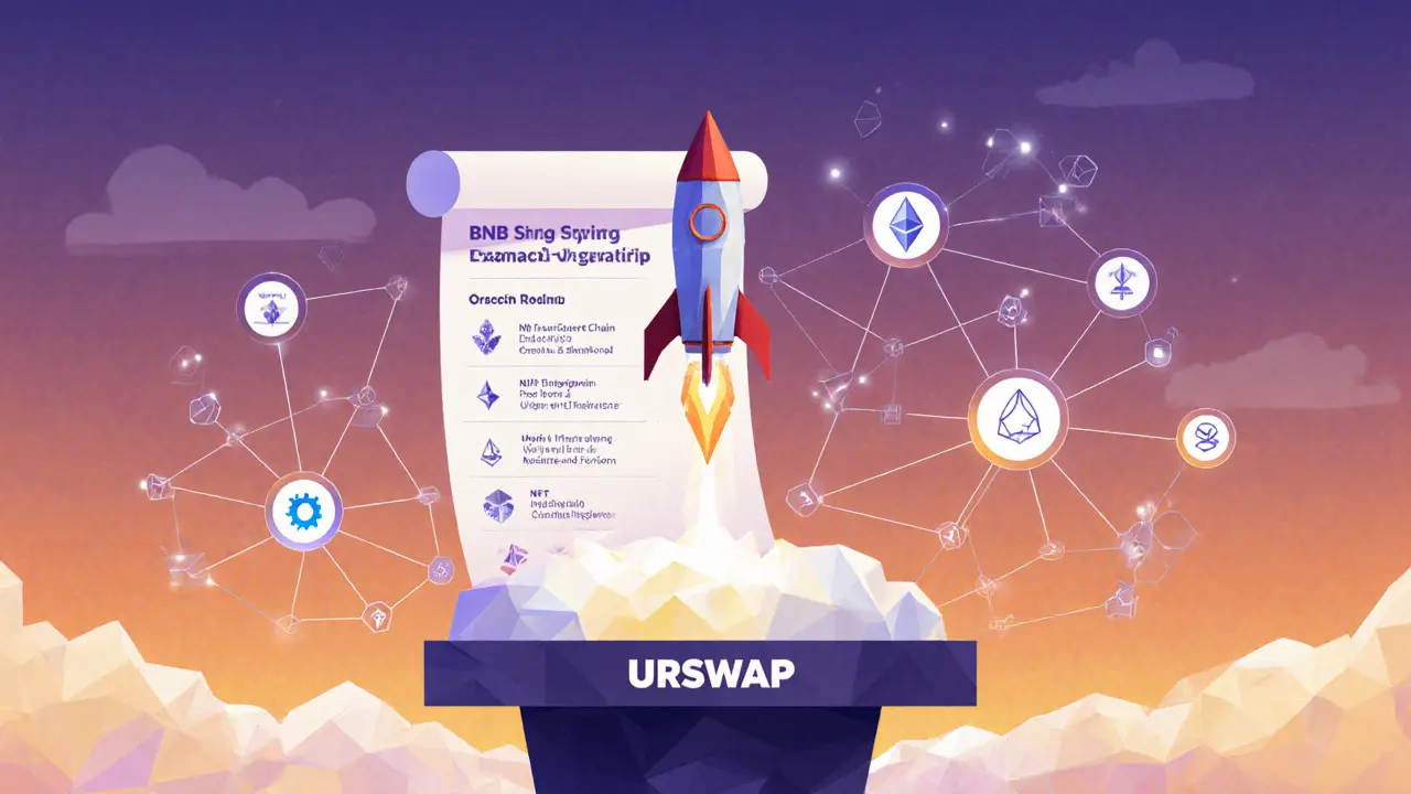 Low‑poly rocket launching from URSWAP logo with blockchain bridges and roadmap icons.