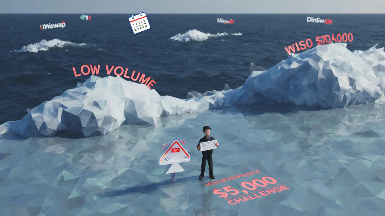 Low‑poly scene of a shallow liquidity pool with a trader facing large slippage waves and a 7‑day timer.