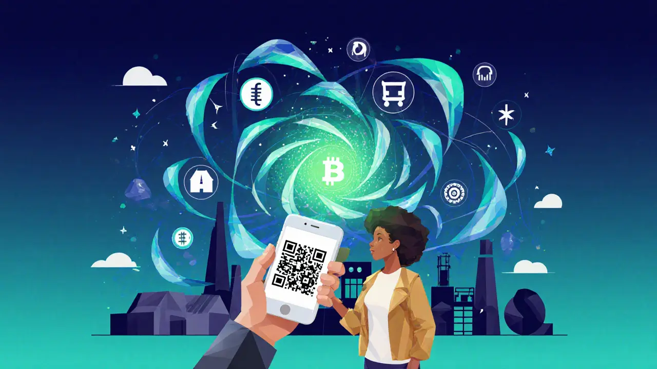 Low poly scene of consumer scanning QR code, data vortex linking supply chain.