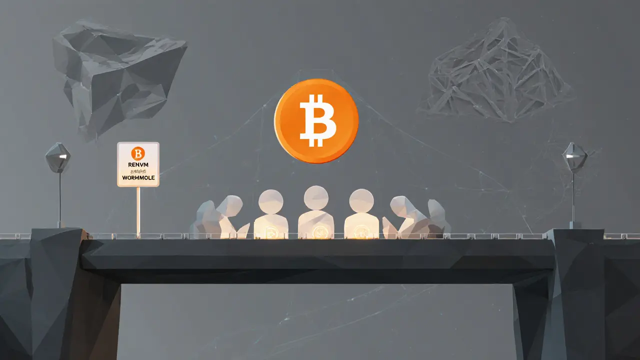 Low poly scene of paused BoringDAO bridge, BORING token and DAO voting icons.