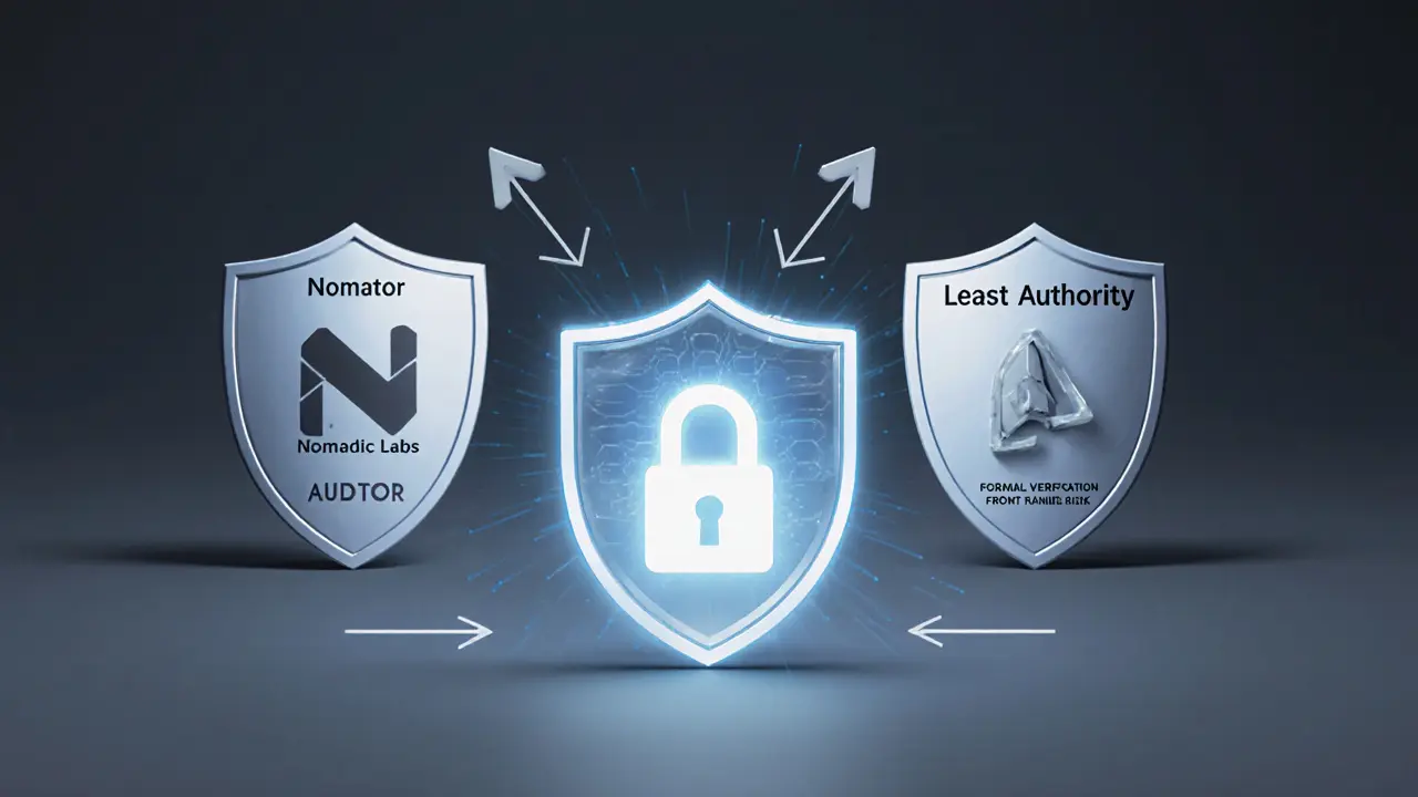 Low poly scene showing auditors&#039; shields, Michelson code, and security shield for Plenty.