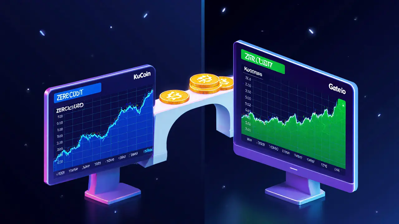 Low‑poly split view of KuCoin and Gate.io trading ZERC/USDT with tokens flowing between them.