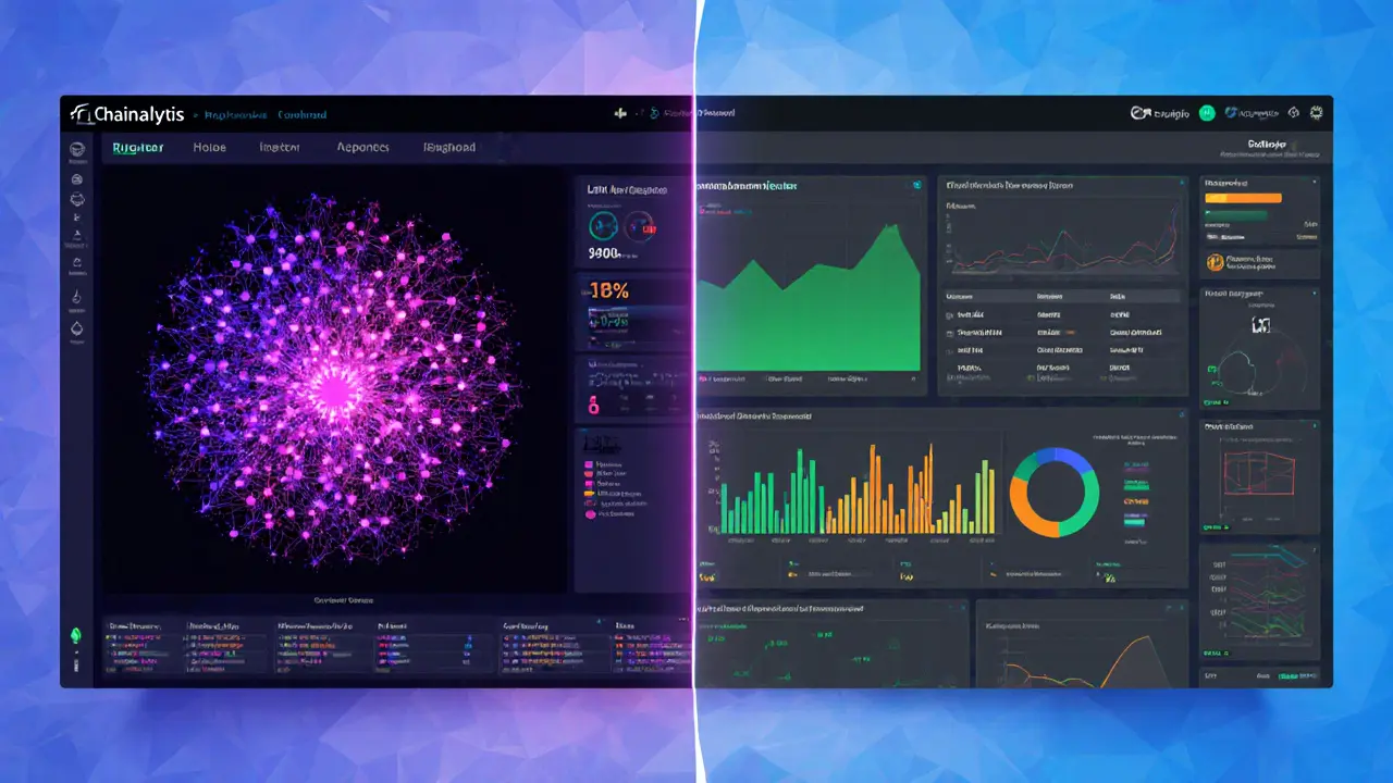 Low‑poly split view showing Chainalysis Reactor graph and Elliptic Discovery dashboard.