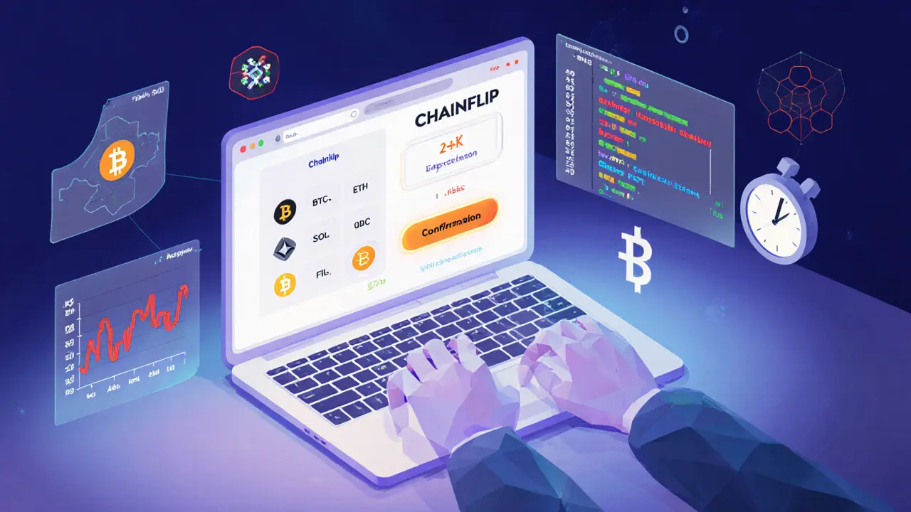 Low poly trader on a laptop using Chainflip UI, with developer SDK elements and risk icons.
