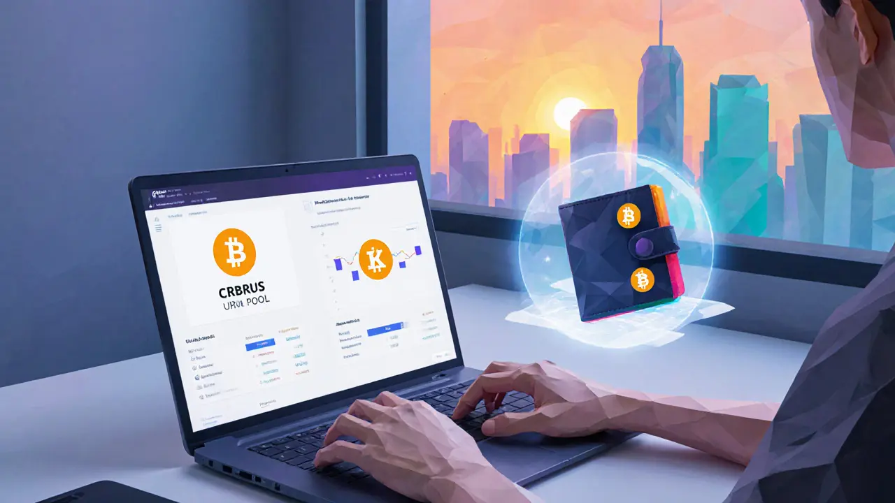 Low‑poly user swapping CRBRUS on Osmosis using a Keplr wallet hologram.