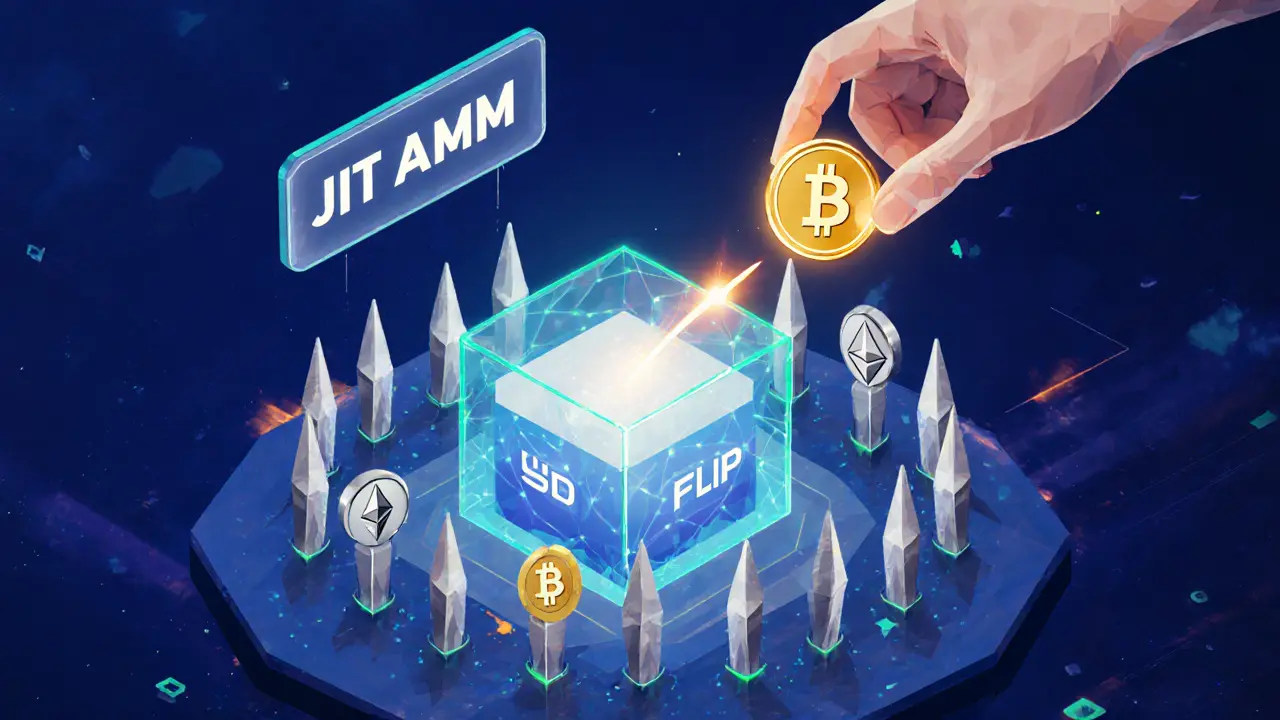 Low poly validators surrounding a USDC pool with a BTC-to-ETH swap in progress.