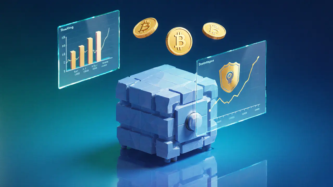 Low‑poly vault displaying UR tokens and floating holographic charts of supply and price.