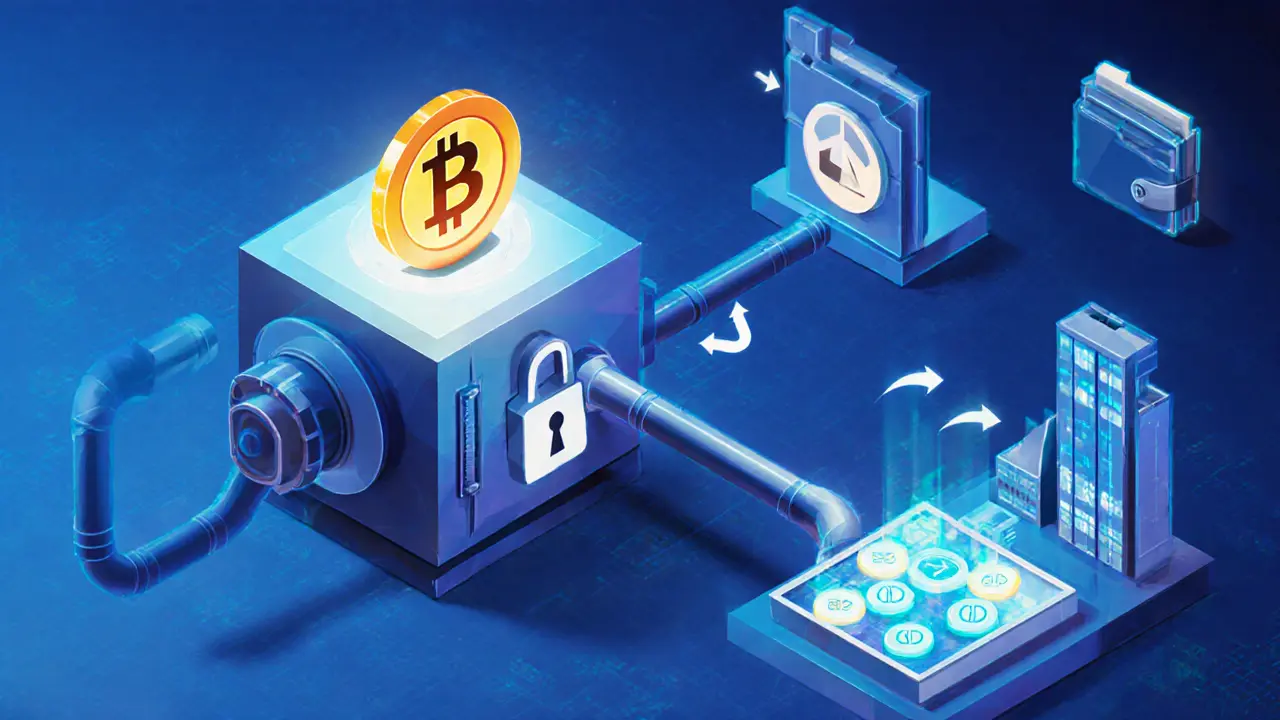 Low poly vault locking Bitcoin and minting oBTC tokens flowing to DeFi apps.