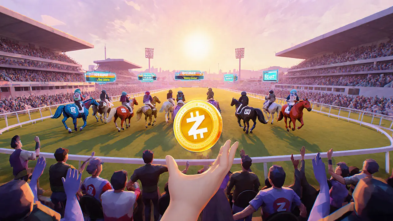 Low‑poly virtual racetrack with NFT horses and a player receiving ZERC airdrop rewards.