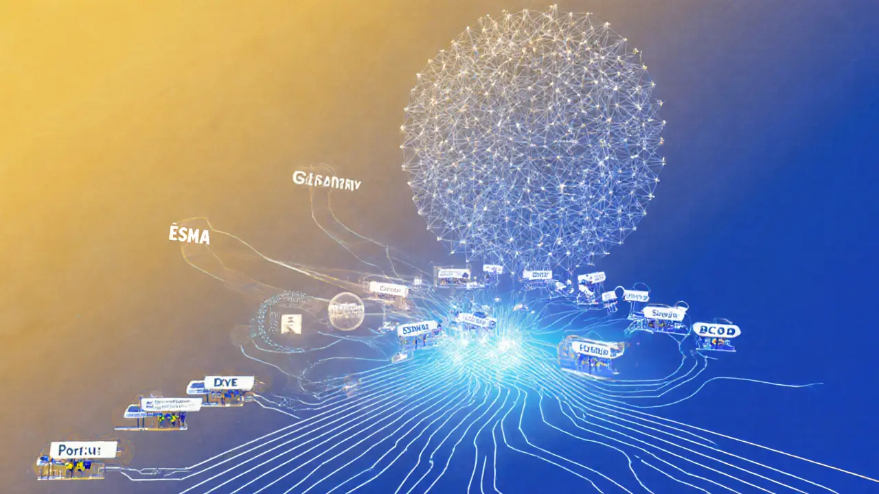 NCA structure being absorbed by rising ESMA entity, with licensed firms flowing toward it in low poly style.