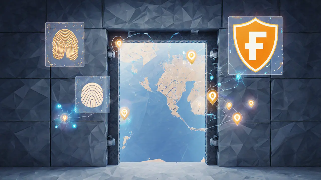 Secure vault with biometric, 2FA, and Fireblocks icons, overlaying a glowing map of Indonesia.