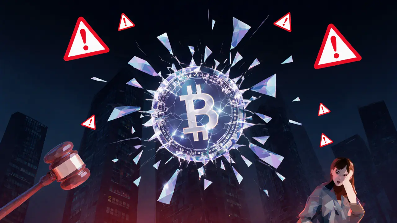 Shattering low poly token with warning symbols and a regulator gavel.