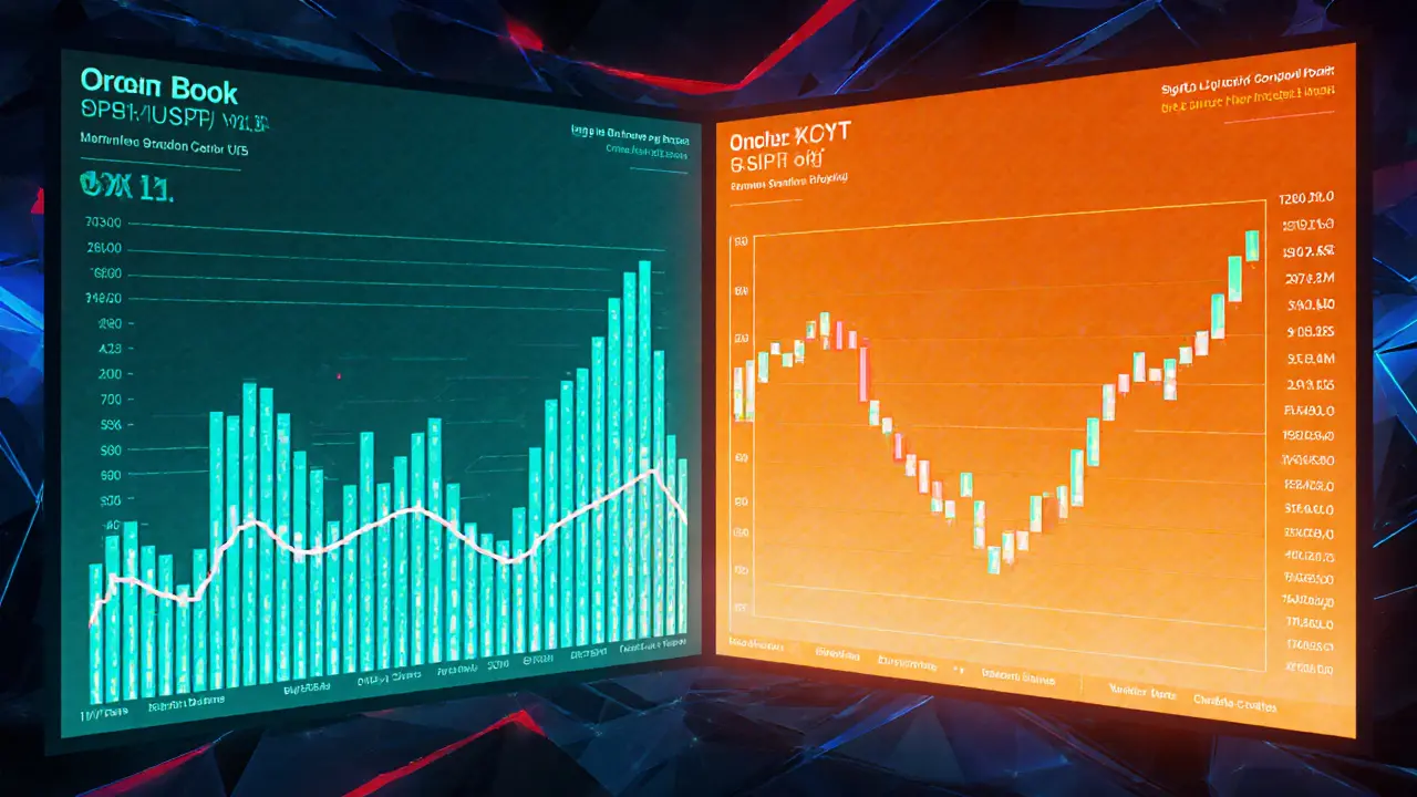 Side‑by‑side low poly depth charts showing high‑volume BTC/USDT versus low‑volume XYZ/USDT.