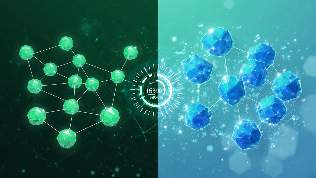 Split‑view low‑poly illustration of PoS validators and Avalanche gossip nodes with a timer.