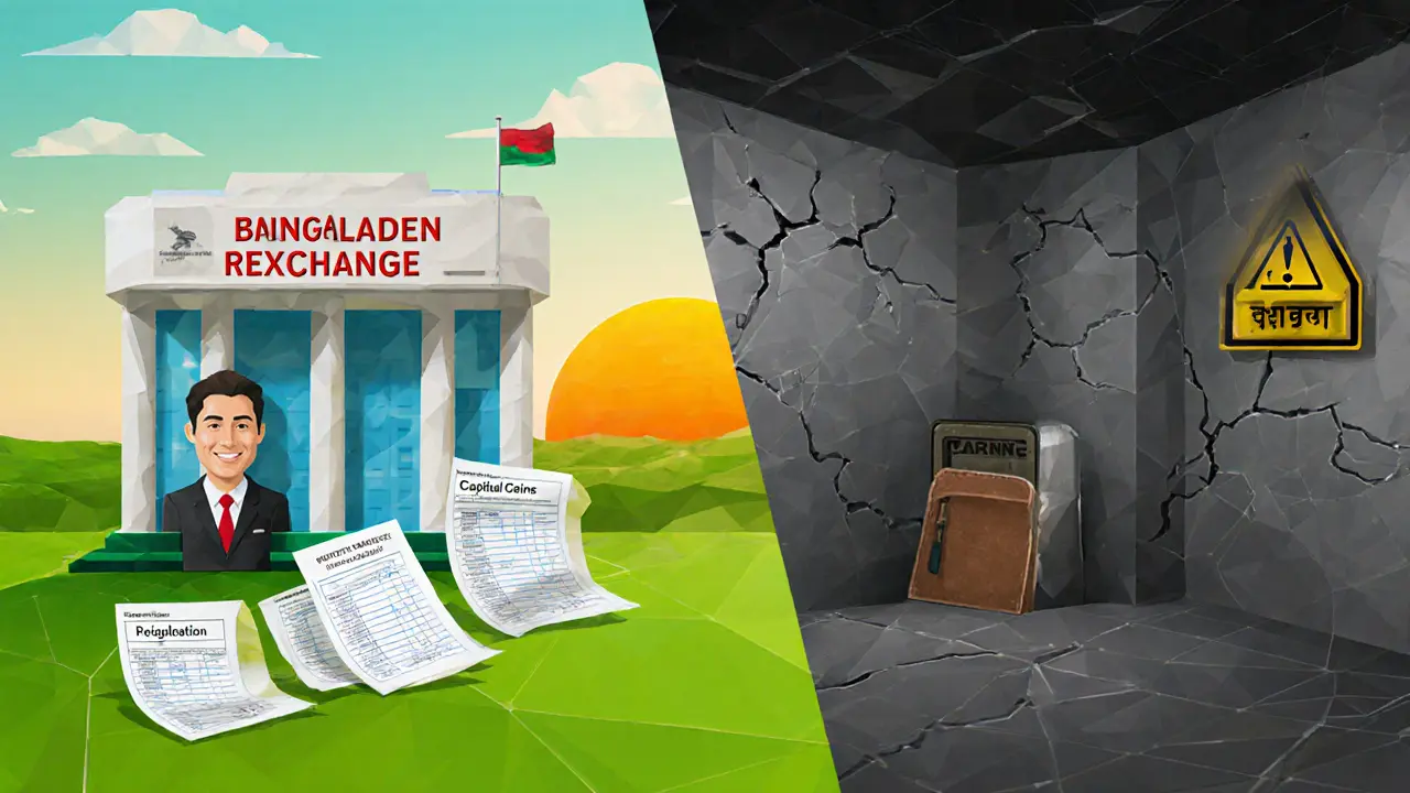 Split view of regulated crypto exchange versus underground market in low‑poly art.