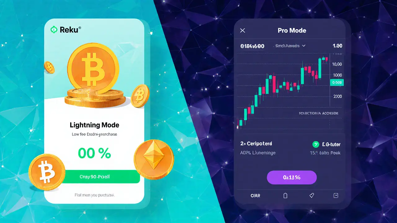 Split view of Reku&#039;s Lightning Mode with zero‑fee crypto and Pro Mode with stock charts and fees.