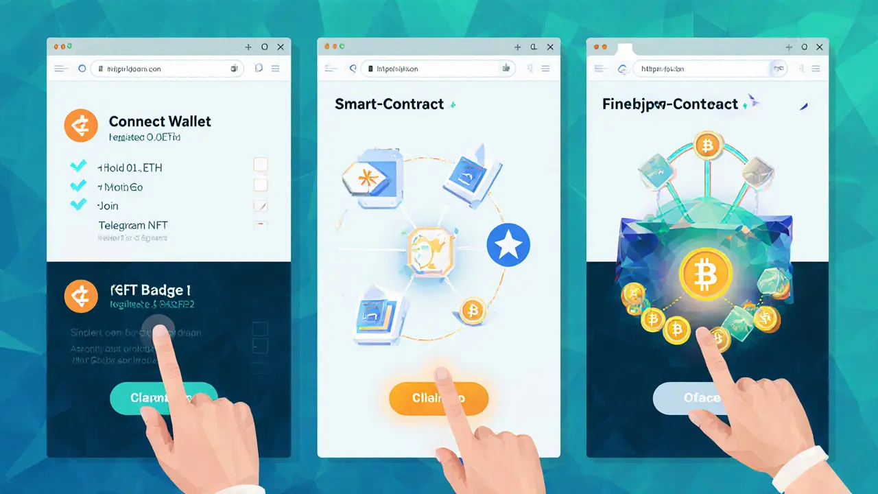 Storyboard of connecting wallet, eligibility checklist, smart contract, and claim button.